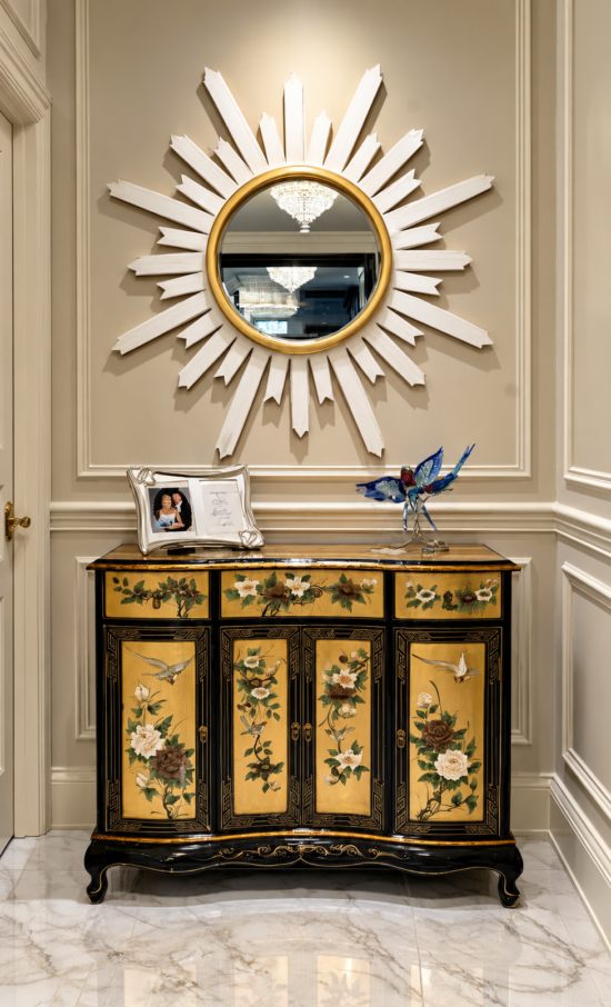 Sunburst mirror above a decorative cabinet